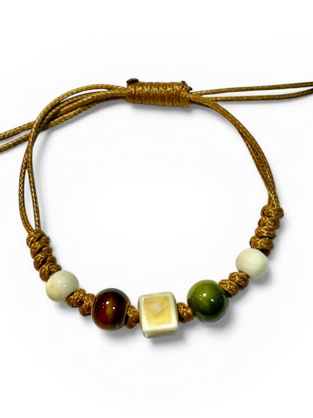 Adjustable Tan Cord Bracelet with Green, Brown and Cream Beads